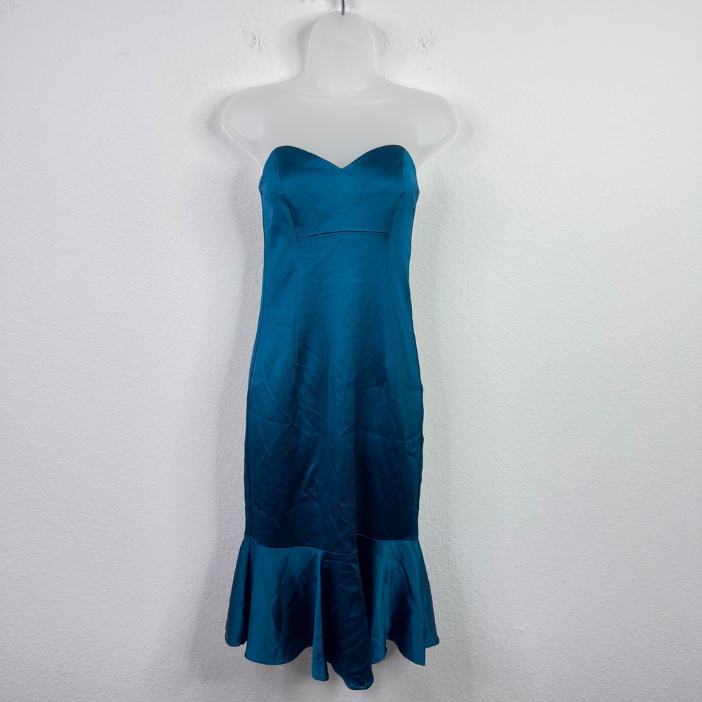 Trina Turk Dress Womens 2 Teal Strapless‎ Satin Ruffle Mermaid Cocktail Formal